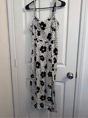 Urban Outfitters White Midi Dress with Black Floral Dots and Yellow Centers